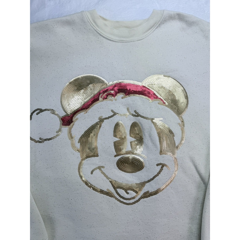 Disney Spirit Jersey Women Small Cream Gold Sequin Santa Mickey Sweatshirt Xmas